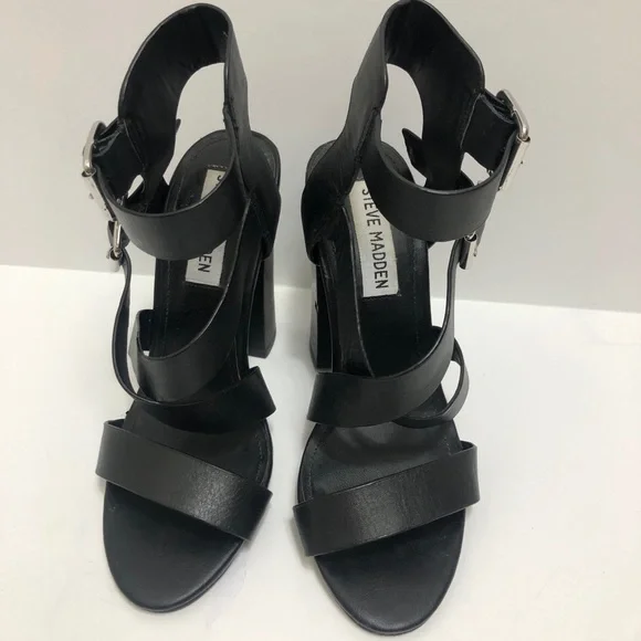 Steve Madden Double Buckle Black Leather Block Heel Size 5 M - Picture 4 of 10